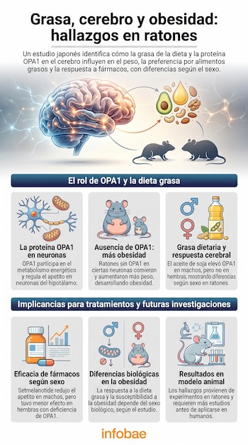 Infografía con un cerebro, neuronas, ratones, aguacate, frutos secos, aceite, botella de fármaco, gráfica, microscopio, tubos de ensayo y símbolos de sexo.