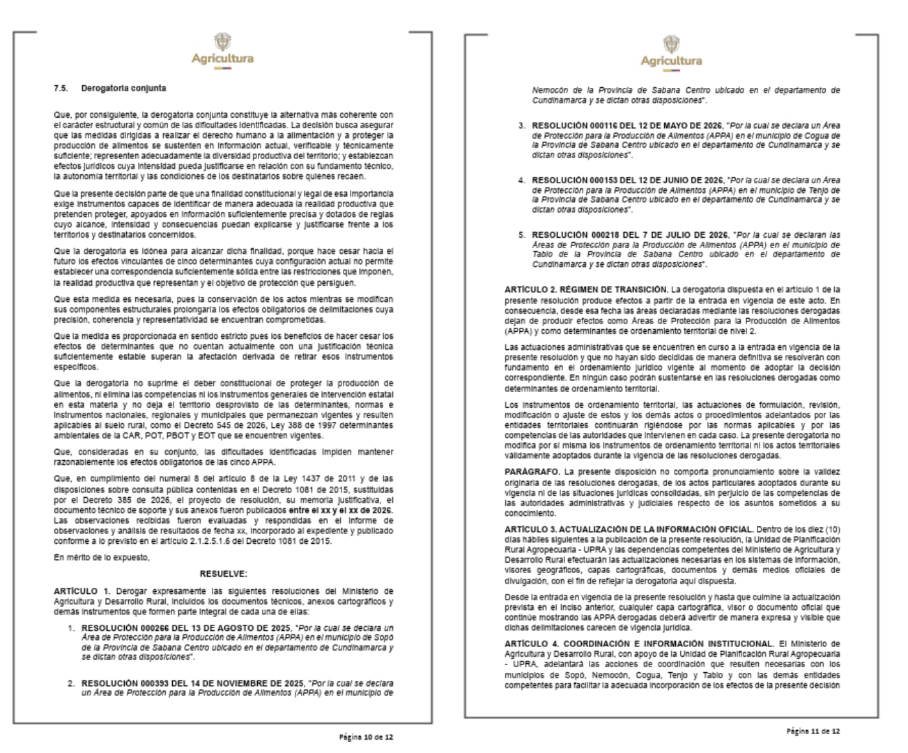 El Ministerio de Agricultura inició la derogatoria de cinco resoluciones que crearon las Appa en municipios de Cundinamarca por falta de sustento técnico suficiente - crédito Ministerio de Agricultura