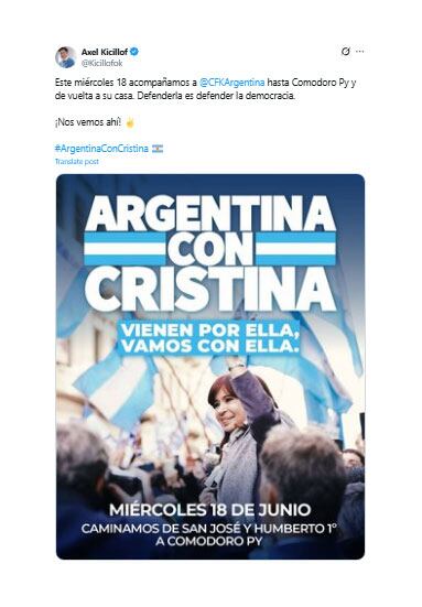 La publicación del gobernador bonaerense, Axel Kicillof, para acompañar mañana a CFK