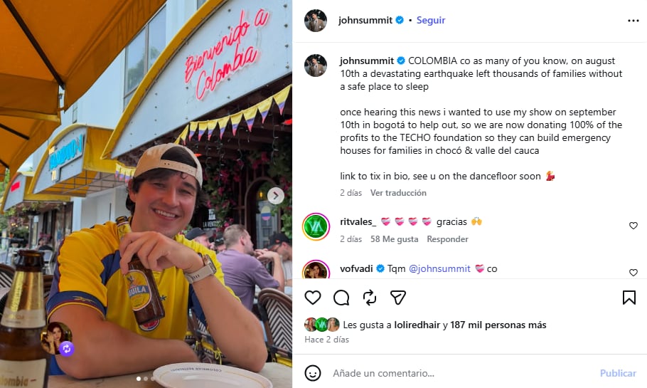John Summit informó en su cuenta personal que la ayuda llegará a familias de Chocó y Valle del Cauca a través de la fundación TECHO - crédito @johnsummit/Instagram