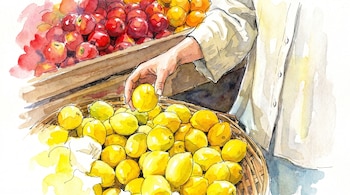 Ilustración en acuarela de una mano escogiendo un limón de una canasta llena de limones amarillos, junto a cajones con manzanas rojas y naranjas.