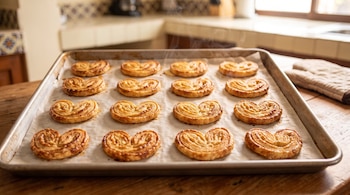 Doce piezas de hojaldre con forma de corazón sobre papel vegetal en una bandeja de metal colocada en una mesa de madera.