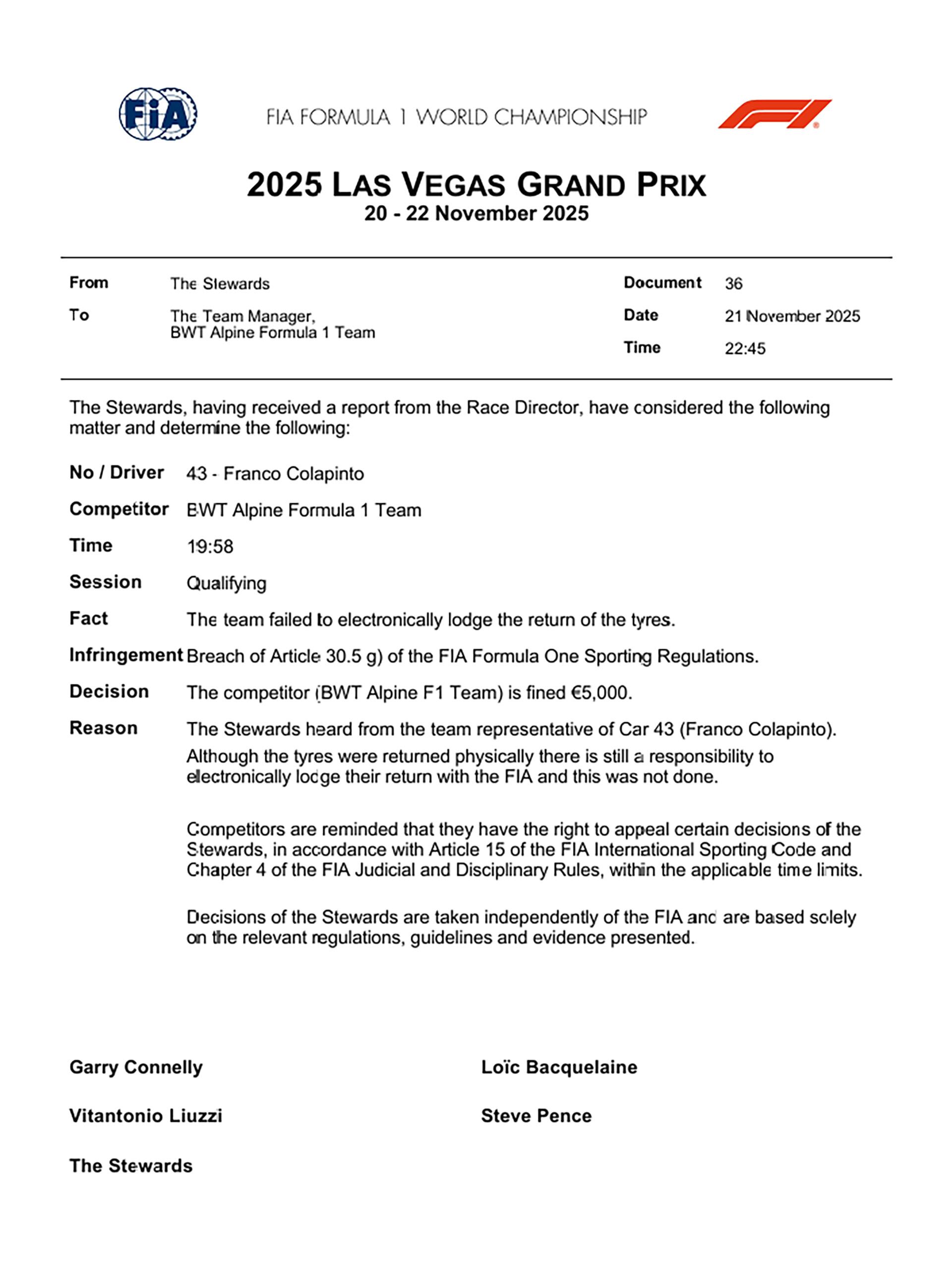 El comunicado de la FIA de la multa a la escudería Alpine