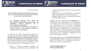 El Centro Democrático propuso un proyecto de ley para formalizar la minería de pequeña escala y combatir las economías ilegales ligadas al oro - crédito @CeDemocratico/X