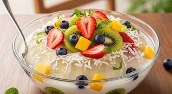 Primer plano de un cuenco de vidrio lleno de gelatina de coco blanca, cubierta con fresas, arándanos, kiwi, mango y coco rallado, sobre una mesa de madera.