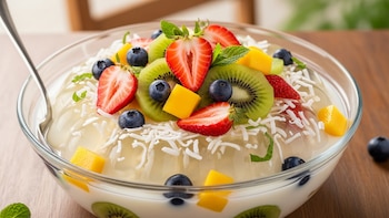 Gelatina de coco con frutas: postre cremoso y tropical que refresca cualquier ocasión