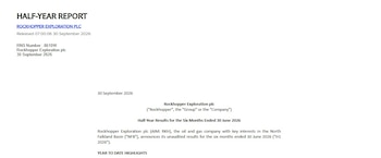 Captura de pantalla de un documento en inglés titulado HALF-YEAR REPORT de la empresa Rockhopper Exploration plc emitido el 30 de septiembre de 2026