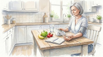 Mujer de cabello gris mide su presión arterial con un monitor. En una mesa de madera hay una manzana, fresas, un plátano, un vaso de agua y un cuaderno. Cocina con gabinetes blancos.