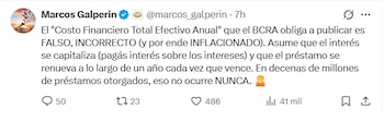 Captura de pantalla de una publicación en la red social X redactada por la cuenta verificada de Marcos Galperin