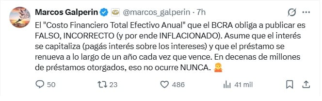 La publicación de Marcos Galperín sobre el CFTEA. (X)