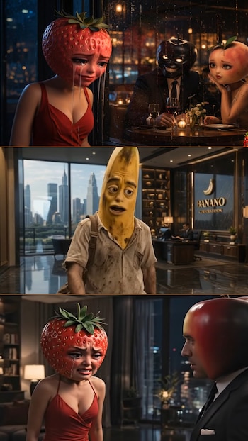 Montaje de tres escenas de "Frutinovelas" mostrando personajes con cabezas de frutas: una fresa llorando, un plátano en una oficina y una confrontación con una manzana