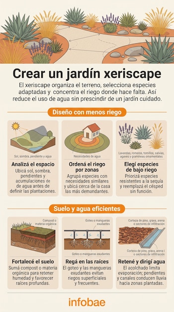Infografía con ilustraciones de agaves, lavandas, esquemas de riego por goteo, capas de suelo y textos explicativos con el logotipo de Infobae.