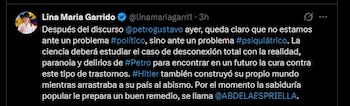 Garrido reaccionó con un mensaje polémico en el que descalificó el discurso presidencial y generó controversia en redes - crédito Lina María Garrido/X
