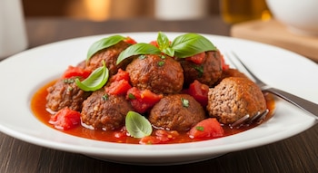 Un plato blanco contiene albóndigas en salsa de tomate con trozos de tomate y hojas de albahaca. Un tenedor de metal reposa en el plato.