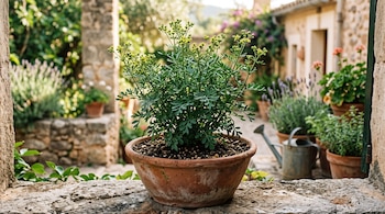 Una maceta de barro con una planta de ruda de botones amarillos sobre un muro de piedra junto a un patio con flores.
