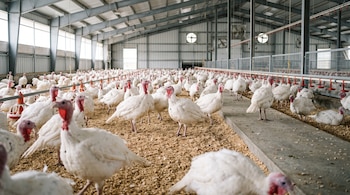 Decenas de pavos blancos sobre un suelo cubierto de madera en una granja industrial con tuberías de alimentación al fondo.
