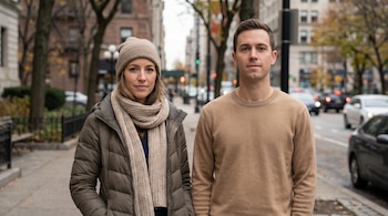 Una mujer con gorro, bufanda y campera acolchada está de pie al lado de un hombre con suéter color camel en una acera. El fondo está difuminado.
