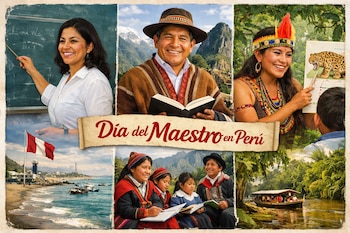 Colagem com três professores e quatro alunos em uma paisagem costeira, montanhosa e florestal do Peru, com a bandeira nacional e o texto Dia do Professor no Peru.