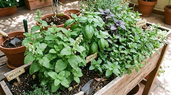 Jardinera de madera con melisa, albahaca verde y morada, y menta en primer plano. Se ven herramientas de jardinería y macetas de terracota al fondo.