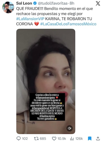 Sol León califica de fraude el resultado de La Casa de los Famosos México 2026. (X/@tudollfavoritaa)