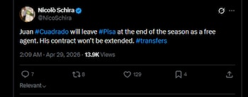 El periodista especializado en fichajes comentó sobre la posible salida del colombiano del Pisa-crédito @NicoSchira/X
