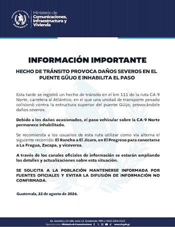 Un choque de transporte pesado dañó gravemente el puente Güijo y obligó al cierre del paso vehicular en la CA-9 Norte. (Cortesía: Ministerio de Comunicaciones, Infraestructura y Vivienda de Guatemala )