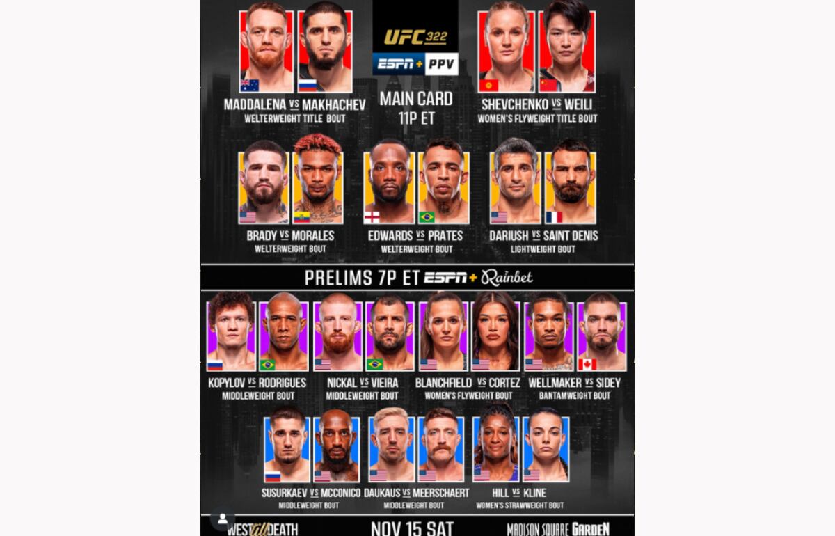 Esta es la cartelera oficial del UFC 322 - crédito UFC