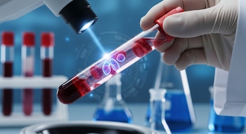 Mano enguantada sujeta tubo de ensayo con sangre y representación digital de pulmones bajo luz de microscopio en laboratorio, con otros tubos al fondo.