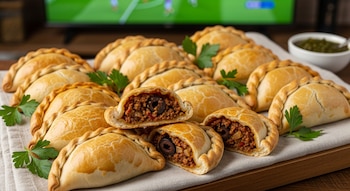 Empanadas de carne, algunas cortadas, perejil, un recipiente con salsa verde y una pantalla de televisión borrosa que muestra un campo de juego de fútbol.