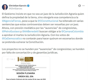 Christian Garcés señaló que la reforma agraria podría alterar el papel de los jueces sobre las decisiones de las tierras - crédito @ChriGarces/X