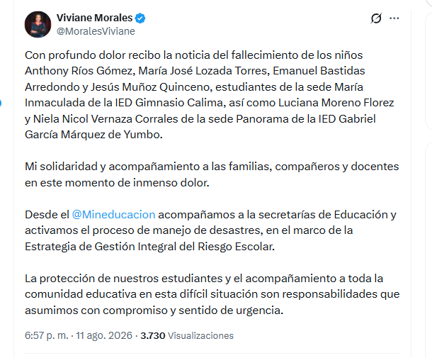 La ministra Viviane Morales lamentó el fallecimiento de estudiantes por terremoto en Colombia - crédito @MoralesViviane/X