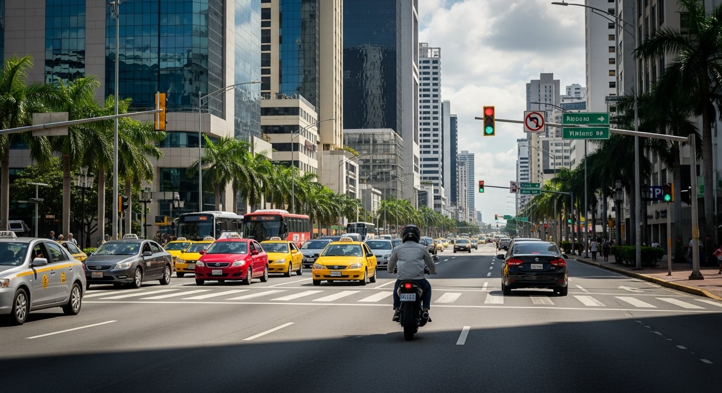 Una avenida principal en Ciudad de Panamá muestra el tráfico vehicular de automóviles, taxis y una motocicleta, con edificios altos y palmeras a los lados de la calle. (Imagen Ilustrativa Infobae)