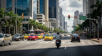 Una calle urbana con tráfico de coches, taxis, un autobús y una motocicleta. Hay edificios altos, palmeras, semáforos y señales de tráfico.