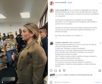 Pineda compartió el video de su reunión en el Puesto de Mando Unificado (PMU) de la Ungrd junto a su esposo, el presidente Abelardo de la Espriella - crédito @analu_pineda/IG
