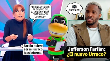 Montaje digital de Magaly Medina y Jefferson Farfán con caricatura de Urraco. Hay bocadillos de diálogo con texto, icono de cámara y títulos escritos.