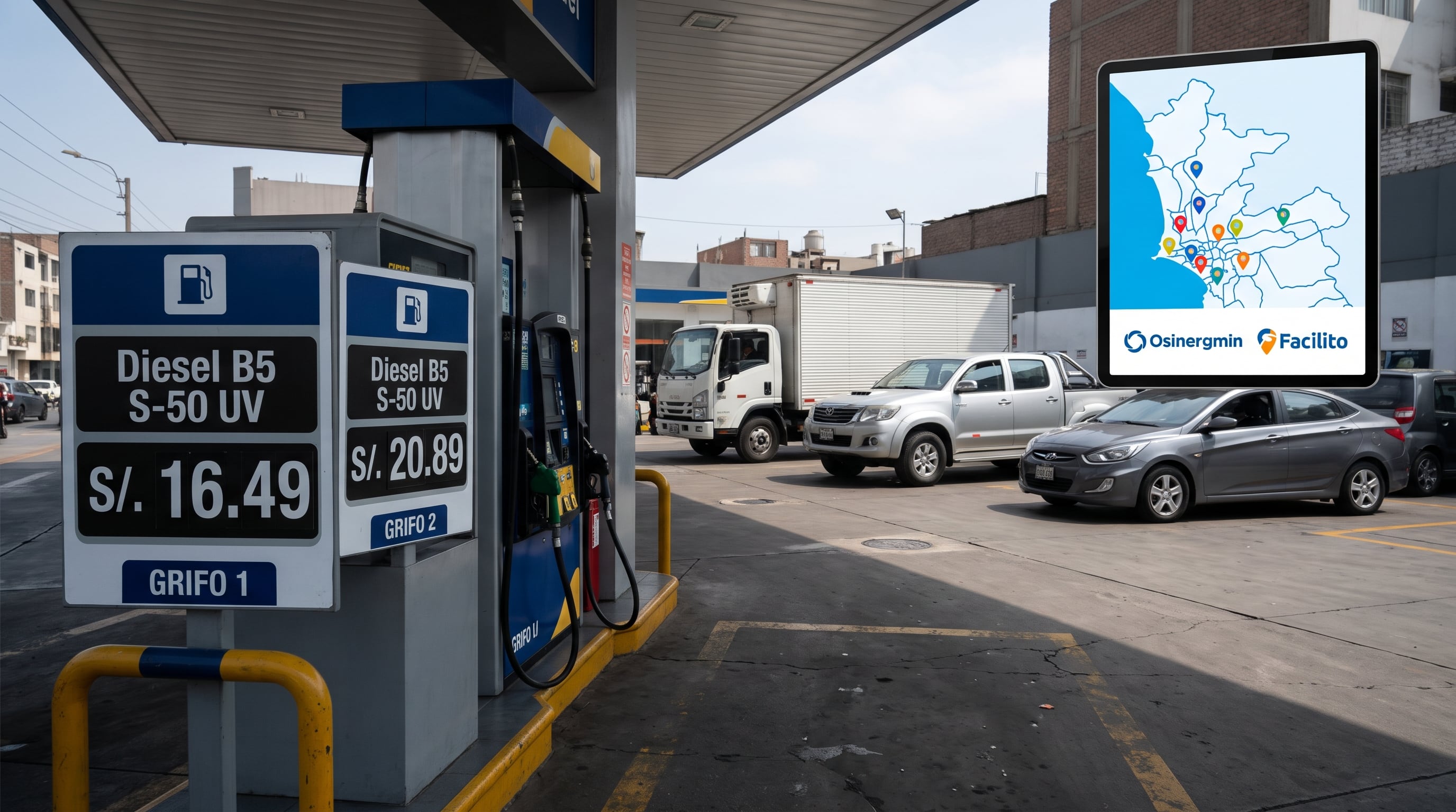 Una estación de servicio en Lima expone variaciones en el precio del diésel junto a la plataforma digital Facilito de Osinergmin para la consulta de tarifas. (Imagen Ilustrativa Infobae)