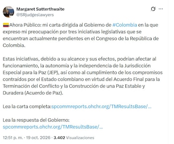 Margaret Satterthwaite compartió el mensaje antes de que se aprobara el Presupuesto General de la Nación para 2027 - crédito @SRjudgeslawyers/X