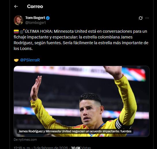 Este fue el momento cuando se informó sobre el tema de las negociaciones por James Rodríguez con el equipo de la MLS - crédito @tombogert / X