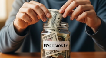 Manos de una persona introduciendo un billete de cien dólares en un frasco de vidrio lleno de billetes, con una etiqueta que dice "INVERSIONES".