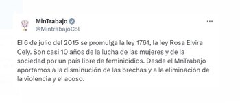 El Ministerio de Trabajo resaltó que, desde la promulgación de la Ley 1761, se han desarrollado estrategias para reducir las brechas de género y eliminar la violencia y el acoso contra las mujeres en todas sus formas - crédito @MintrabajoCol / X