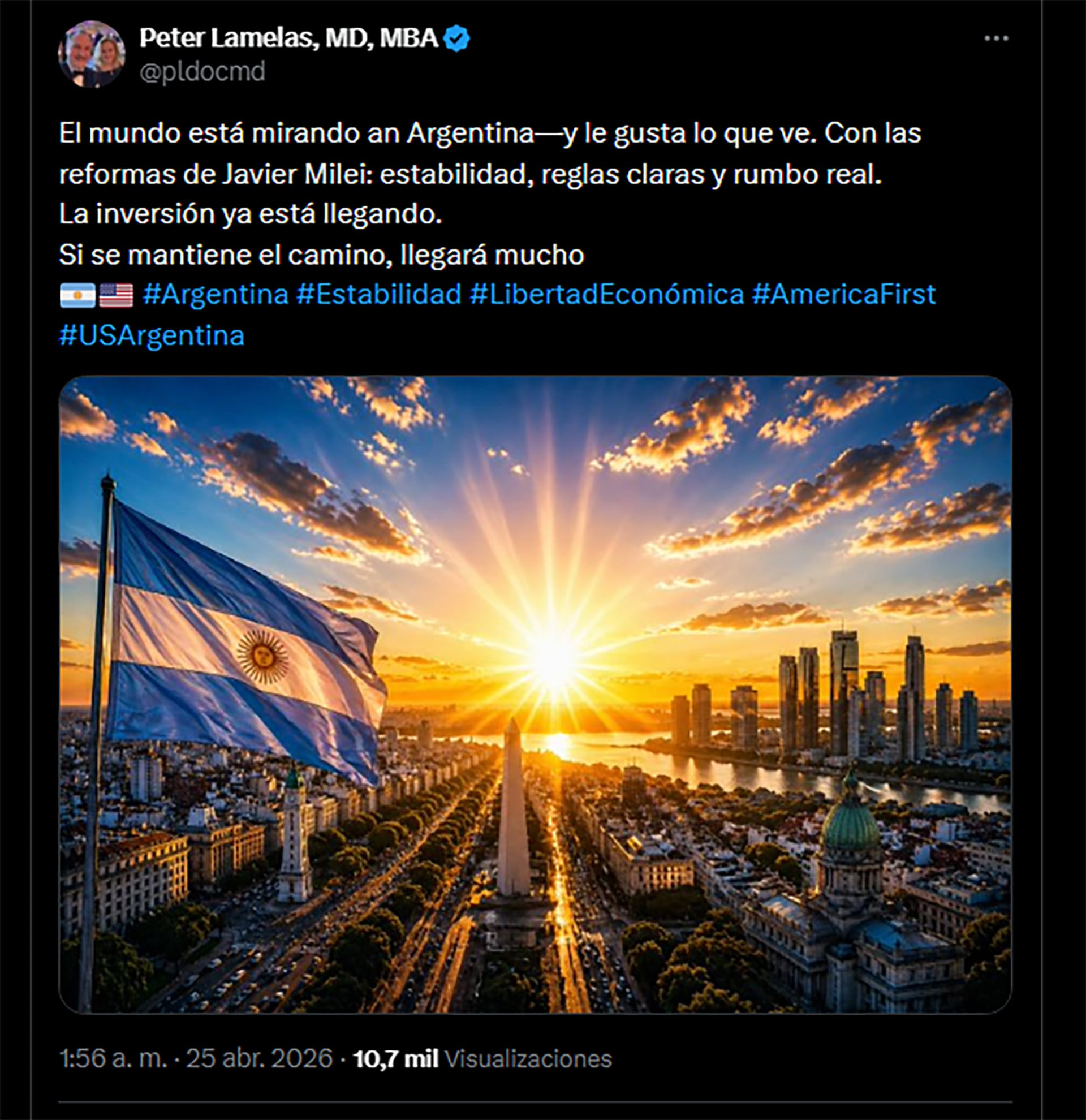 El tuit de Peter Lamelas elogiando las reformas de Javier Milei en Argentina (@pldocmd)