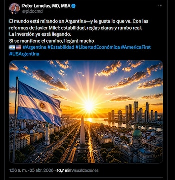 Captura de pantalla de un tuit de Peter Lamelas con una imagen de la bandera argentina ondeando, el Obelisco y el horizonte de Buenos Aires al atardecer