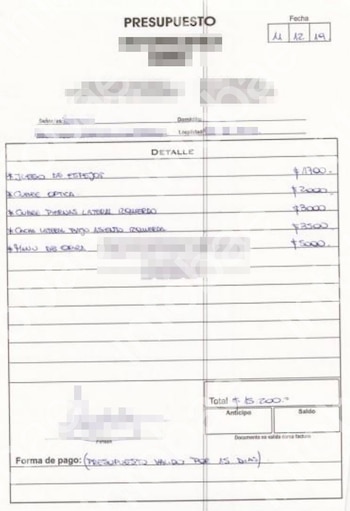 Formulario impreso con texto escrito a mano titulado Presupuesto, con un listado de repuestos y un total de 15 200 pesos