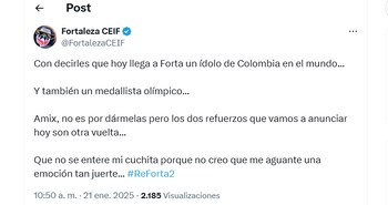 Segundo post de Fortaleza CEIF sobre la llegada de Rigoberto Urán y Carlos Vives - crédito Fortaleza CEIF