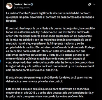 Petro afirma que el contrato con la Cancillería cumple con los requisitos legales y garantiza protección de la información de los ciudadanos - crédito X
