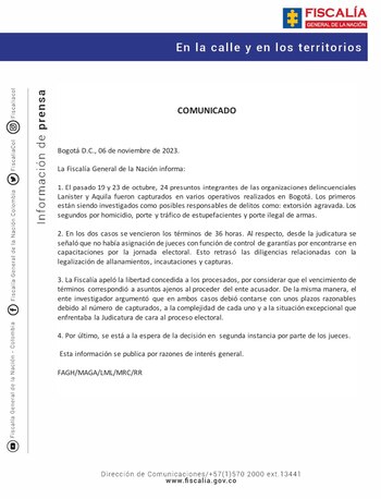 Comunicado oficial de la Fiscalía