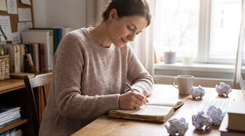 Una mujer con suéter tejido escribe en un cuaderno sobre una mesa con papeles arrugados, una taza y un teclado.