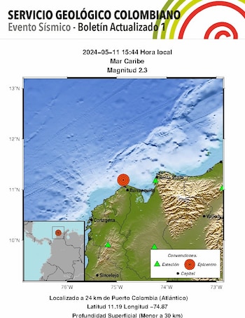 Sismo de magnitud 2.3 con latitud 11.19 y longitud -74.87 - crédito Servicio Geológico Colombiano