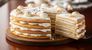 Pastel Marcinek de capas con crema batida y decoraciones de crema y frutos secos. Una porción cortada revela las capas, todo sobre una tabla de madera.