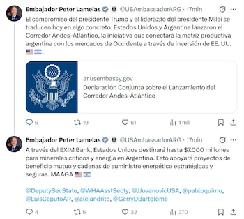 Tuit del embajador de Estados Unidos en la Argentina, Peter Lamelas.